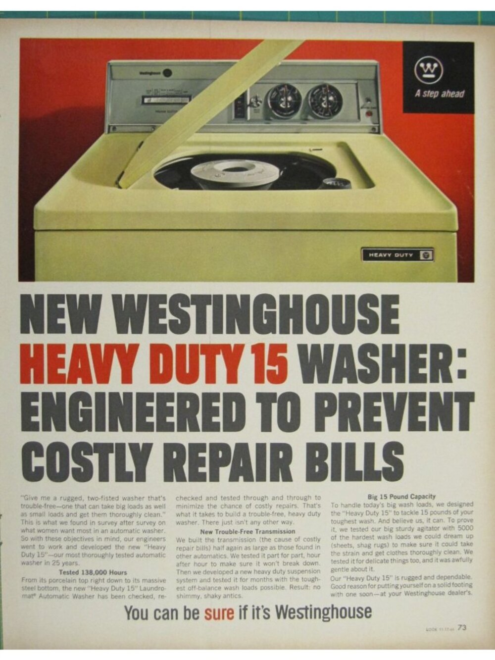 Print Ad Westinghouse Heavy Duty 15 Washer Trouble-Free Performance Vintage 1970